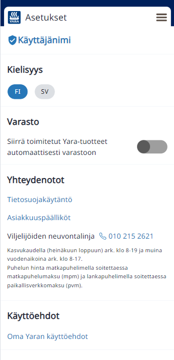 Oma Yara Asetukset