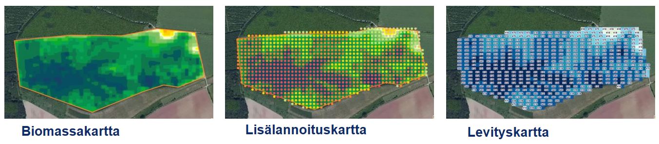Atfarmin biomassakartta kertoo kasvuston vaihtelusta ja satopotentiaalista, lis&auml;lannoituskartta osoittaa alueet, joiden lis&auml;lannoituksesta on hy&ouml;ty&auml; ja levityskartta ohjaa lannoitteenlevitint&auml; tekem&auml;&auml;n lannoituksen oikeaan aikaan.
