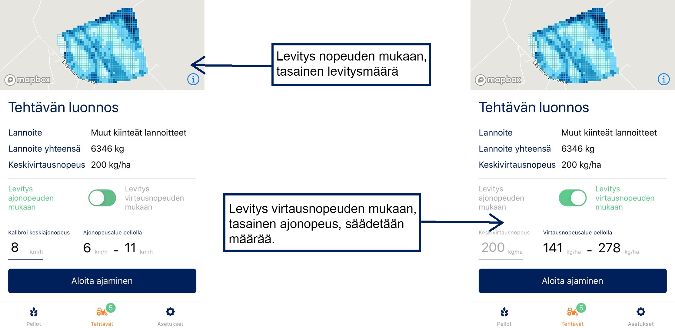 Atfarm-mobiiliapplikaation avulla levityskarttoja voi k&auml;ytt&auml;&auml; my&ouml;s ilman lannoitteenlevittimen m&auml;&auml;r&auml;ns&auml;&auml;t&ouml;automatiikkaa.