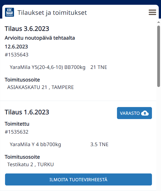 Oma Yara Tilaukset ja toimitukset