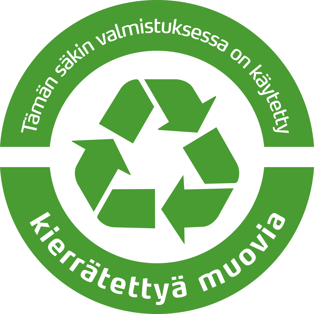 T&auml;m&auml;nkin s&auml;kin valmistuksessa on k&auml;ytetty kierr&auml;tetty&auml; muovia -logo.